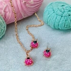 BETSEY JOHNSON PINK LADYBUG EARRINGS & NECKLACE SET